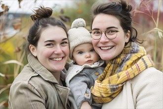 Amily portrait of happy female homosexual couple with young child. Generative Ai, AI generated