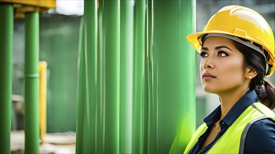 Portrait of a female construction worker wearing a yellow helmet, AI generated