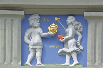 Relief Sol : Roman sun god, Venus : allegory love, heart, arrow, love, carry, hand over,