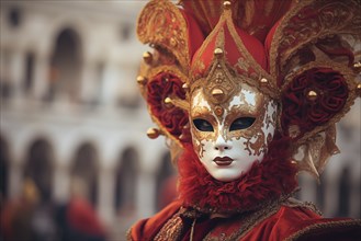 A person adorned in a richly detailed and colorful carnival costume, complete with an elaborate