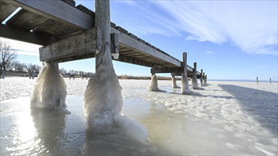 Frozen lake and wooden footbridge with ice in winter, Lake Neusiedl, Podersdorf am See, Burgenland,