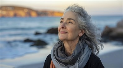 Happy senior woman enjoying walk on the beach and happy retirement, AI generated