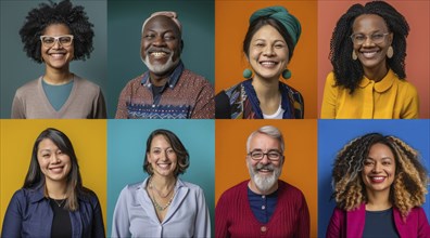 Diverse group of men posing for portraits. Multiple portraits with colored backgrounds, AI