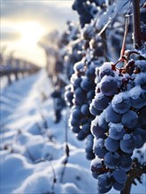 AI generated close up of grapevines in winter in the vineyard with snow blankets dormant vines and