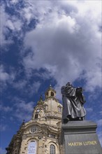 Martin Luther monument, behind it the Church of Our Lady, Dresden, Saxony, Germany, Europe