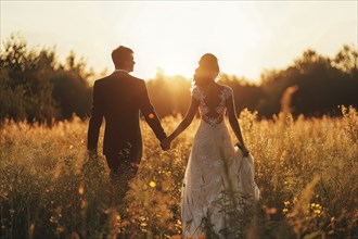 Affectionate romantic couple hugging at sunset during honeymoon in wedding dress, AI generated