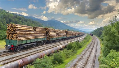 Forestry, timber industry, long goods train with goods wagons loaded with logs, AI generated, AI