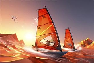 Abstract digital render of olympic sailers morphing into fluid shapes, AI generated, sailing,