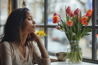 A businesswoman sits dozing at a table, next to her is a vase of flowers with tulips and daffodils,