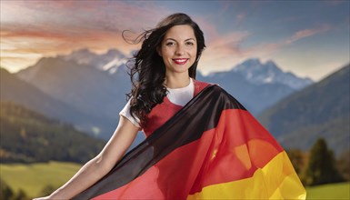 A woman holds the German flag while the sun sets behind the mountains, Germany, AI generated, AI