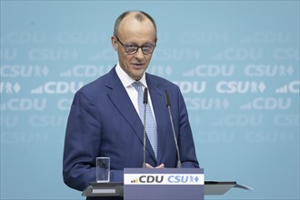 Friedrich Merz, CDU party chairman, at a press conference after the joint meeting of the CDU/CSU