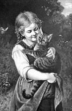 Little girl holds a pet cat in her arms, A girl hugs a cat in a black and white illustration, in a