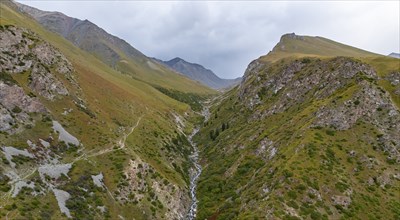 Aerial view, Green Mountain Valley, Chon Kyzyl Suu, Tien-Shan Mountains, Kyrgyzstan, Asia