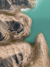 Top-Down, Barren landscape, Aerial view, Erosion landscape with canyons at the river Naryn,