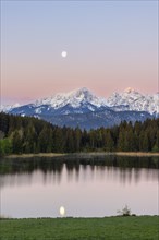 Hegratsrieder See near Füssen, Allgäu Alps, snow, moon, dawn, Allgäu, Bavaria, Germany, Europe