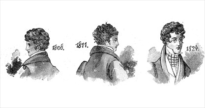 Men's fashion in the 19th century, hairstyles around 1808. 1811, 1824, historical, digital