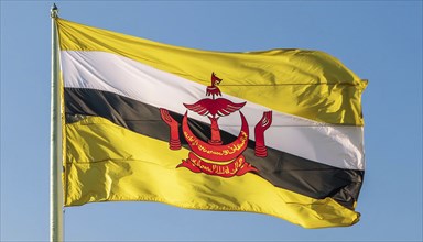 The flag of Brunei flutters in the wind, isolated against a blue sky