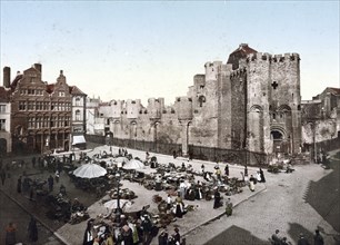 The market square of Ghent in Belgium, with the Chateau des Comtes in the background, around 1890,