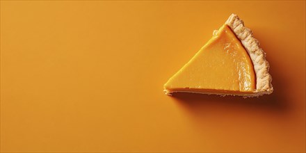 Banner with slice of pumpkin pie on orange background with copy space. Generative Ai, AI generated