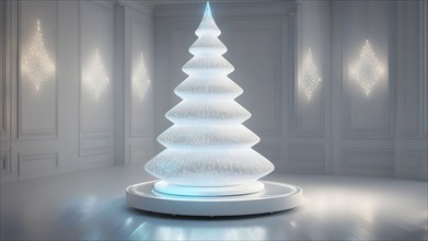 A three dimensional rendering of a futuristic Christmas tree made of glowing, semi-transparent