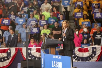 Detroit, Michigan, USA, 2 September 2024, Presidential candidate Kamala Harris campaigns at a Labor