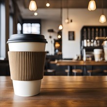 Coffee cup on a wooden table in a warmly lit cafe in blurred background, AI generated