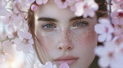 Woman with blue eyes and red hair surrounded by pink sakura flowers. Beauty and natural elegance,