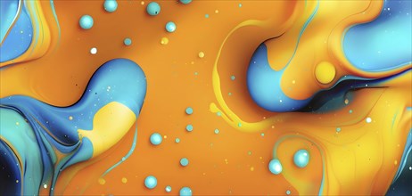 Abstract wallpaper with colorful turquoise and yellow blobs and liquid shapes on a orange