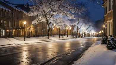 Christmas Eve with snowflakes fall under the light of a streetlamp with a decorated tree in the