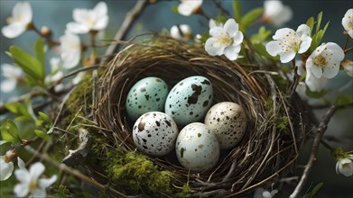 Bird nest filled with speckled eggs, nestled among fresh spring branches and soft moss, AI