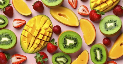 Colorful and artfully arranged slices of fruits like mangoes, strawberries, and kiwi, AI generated