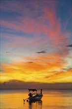 Longtail boat in sunset, sunset, horizon, evening light, boat, sun, evening mood, cloudy sky,