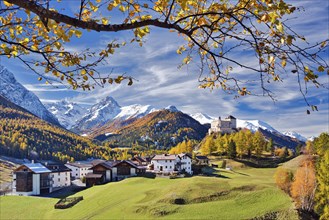 Village view of Tarasp with castle in autumn, Scuol, Canton Graubünden, Switzerland, Europe