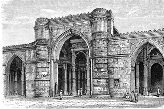 Portal of the Friday Mosque Jama Masjid, large mosque, in Ahmedabad, India, in 1870, Historical,