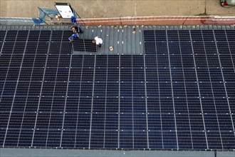 Installation of solar modules on the roof of a barn on a farm, over 210 photovoltaic modules are