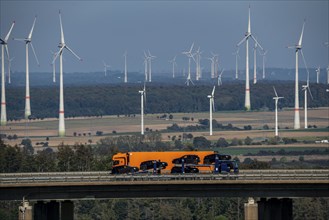 Wind farm near Lichtenau, bridge on the A44 motorway, Ostwestfalen Lippe, North Rhine-Westphalia,