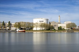 11 April 2024: View of BASF in Ludwigshafen with the Rhine in the foreground