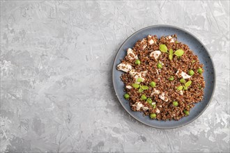 Quinoa porridge with green pea and chicken on ceramic plate on a gray concrete background. Top