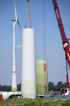 Repowering of a wind farm near Issum, here the dismantling of the tower, 9 older wind turbines from