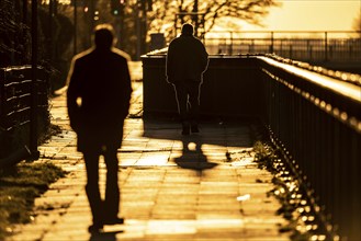 Man, elderly, walking on a pavement, a second man follows him, into the setting sun, long cast