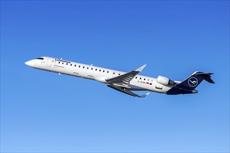 A Lufthansa Bombardier CRJ-900 aircraft with the registration D-ACNW at the airport in Munich,