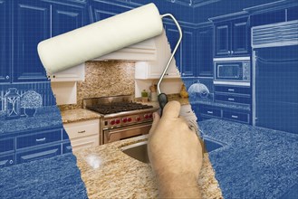 Before and after of man painting roller to reveal custom kitchen photograph under blueprint sketch