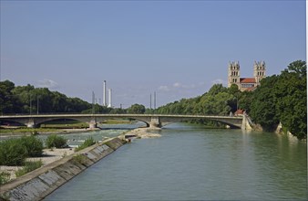 Europe, Germany, Bayer, Munich, Glockenbachviertel, Isar, Reichenbachbrücke, Church of St