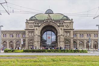 Nuremberg Central Station, exterior view of the building with Deutsche Bahn AG logo. Nuremberg,