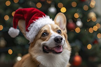 Cute Corgi dog with red santa hat in front of christmas tree. Generative Ai, AI generated