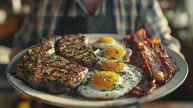 Man holding out A plate filled with steak, bacon and eggs. generative AI, AI generated