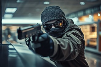 Robber with ski mask, sunglasses threatiening with gun. Generative Ai, AI generated