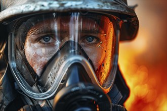 Face of male firefighter with helmet with fire in blurry background. Generative Ai, AI generated