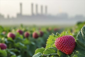 Agricultural field with growing strawberry fruits and factory with grey fumes in blurry background.