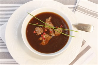 Southern German cuisine, oxtail soup with red pepper in a soup plate, bound soup, meat soup,